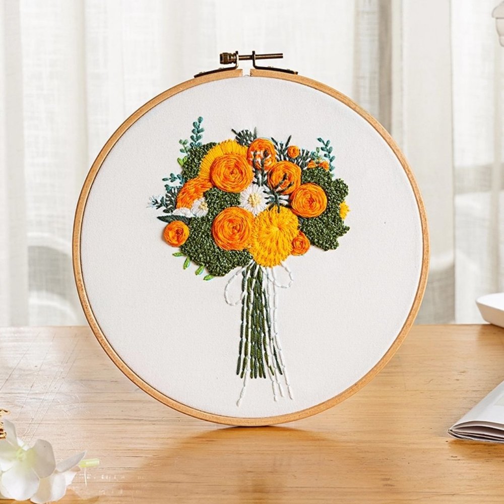 NEW Orange Yellow Flowers Bouquet Embroidery Kit w/Hoop Beginner DIY Crafts